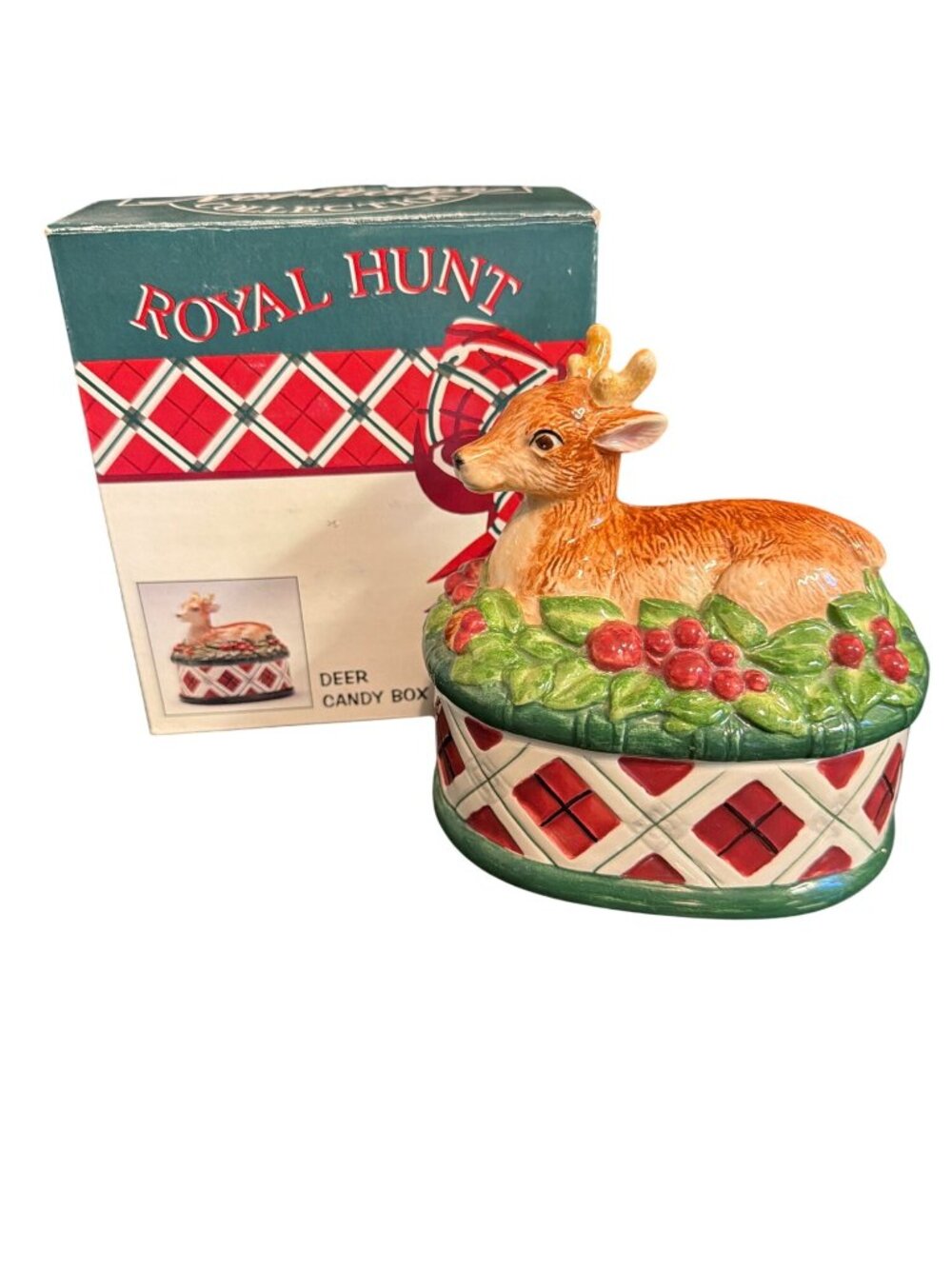 Noritake Royal Hunt Ceramic Deer Candy Box Festive Plaid Berry Christmas Box
